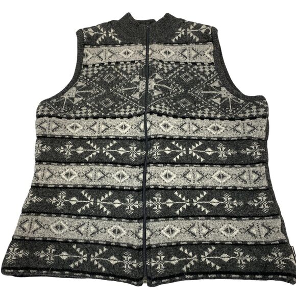 Woolrich Sweater Vest Womens Large Gray Snowflake Lambs Wool Sleeveless Full Zip - Picture 1 of 10
